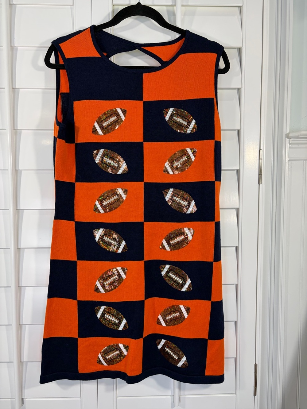 QUEEN OF SPARKLES Orange & Navy Checkerboard Football Sequined Dress (M)